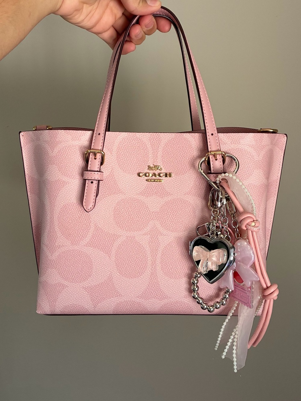 Pink Bow Heart Mirror Keychain Bag Charm